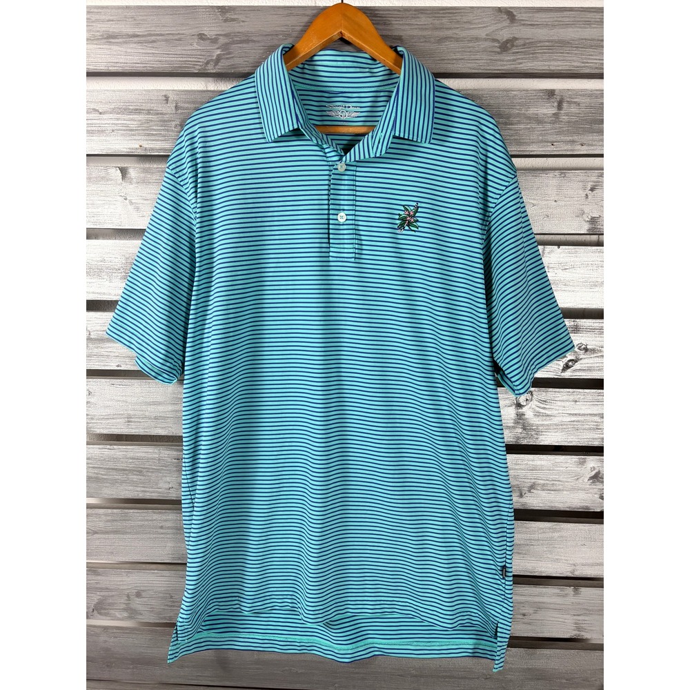 Straight Down Mens XL Golf Polo Shirt Turquoise Teal Blue Striped